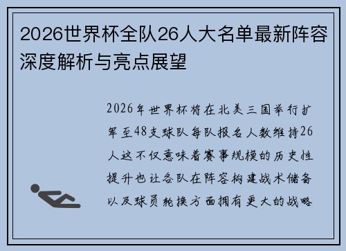 2026世界杯全队26人大名单最新阵容深度解析与亮点展望