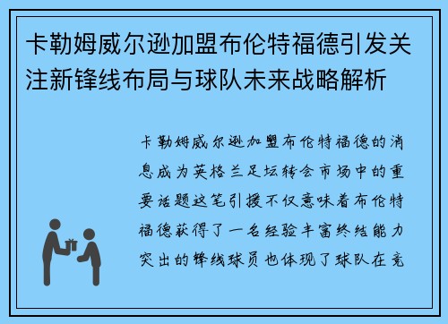 卡勒姆威尔逊加盟布伦特福德引发关注新锋线布局与球队未来战略解析